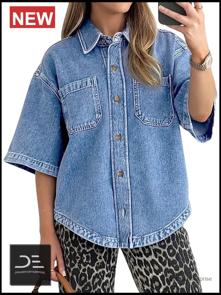 Button Down Short Sleeve Denim Shirt Casual Oversized Blouse Top